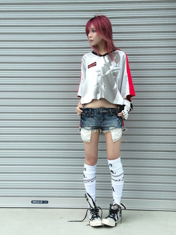 Color-Block Patchwork Printed Satin Loose V-Neck Sports T-Shirt【s0000017603】