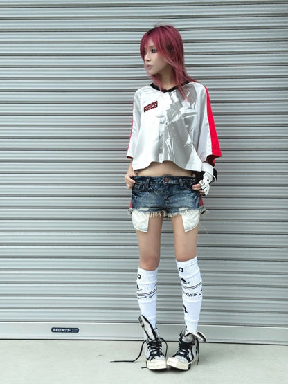 Color-Block Patchwork Printed Satin Loose V-Neck Sports T-Shirt【s0000017603】