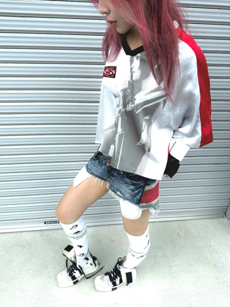Color-Block Patchwork Printed Satin Loose V-Neck Sports T-Shirt【s0000017603】
