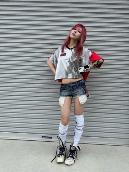 Color-Block Patchwork Printed Satin Loose V-Neck Sports T-Shirt【s0000017603】