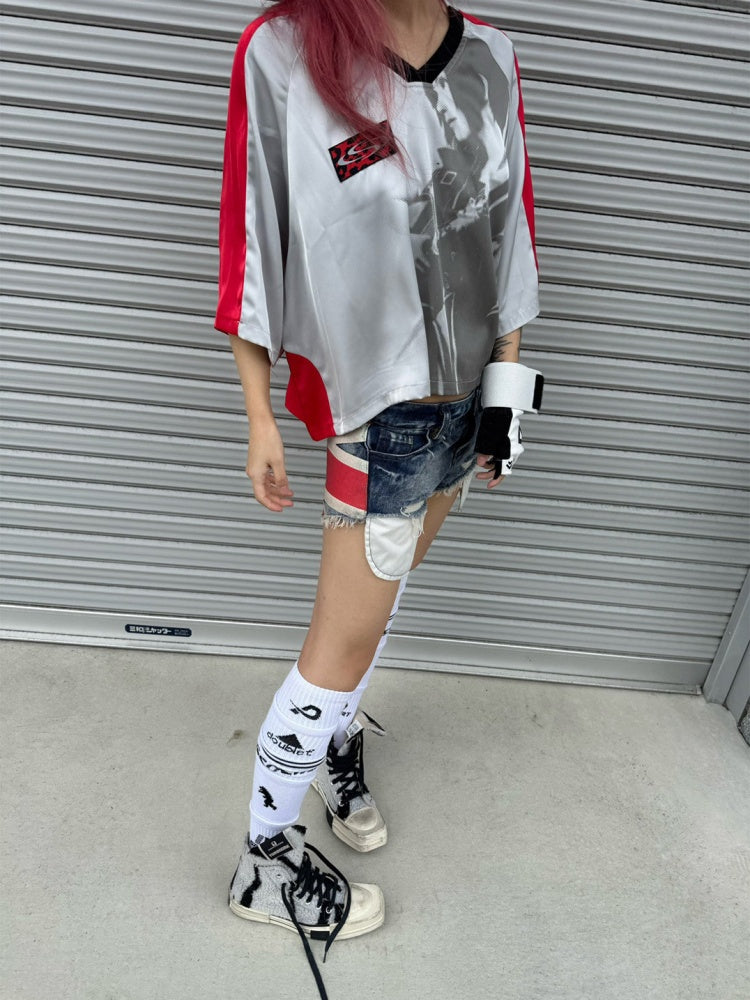 Color-Block Patchwork Printed Satin Loose V-Neck Sports T-Shirt【s0000017603】
