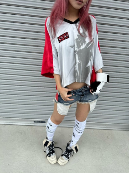 Color-Block Patchwork Printed Satin Loose V-Neck Sports T-Shirt【s0000017603】