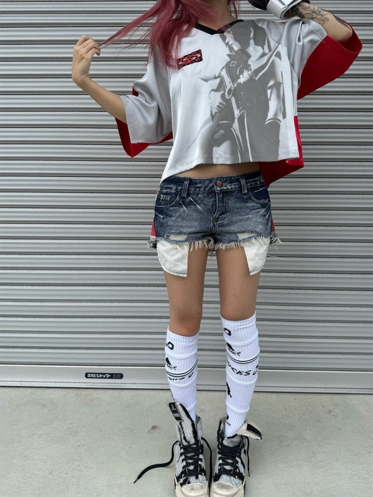 Color-Block Patchwork Printed Satin Loose V-Neck Sports T-Shirt【s0000017603】