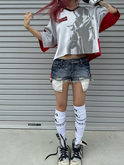 Color-Block Patchwork Printed Satin Loose V-Neck Sports T-Shirt【s0000017603】