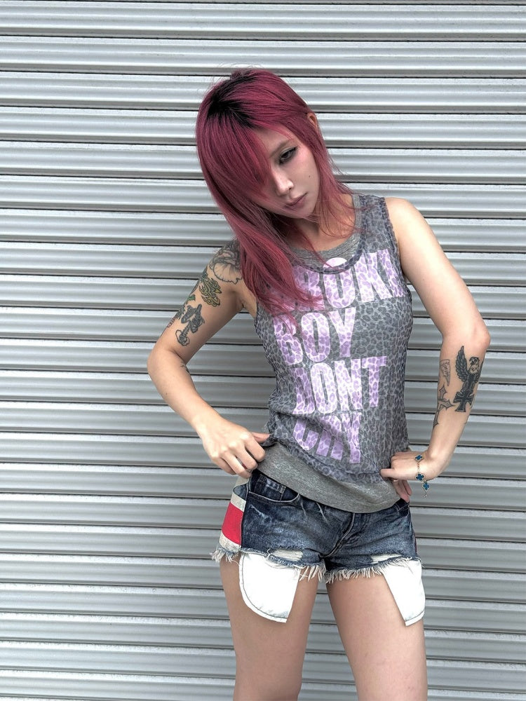 Vintage Distressed Printed Laser Washed Damaged Denim Hot Pants【s0000017604】