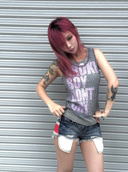 Vintage Distressed Printed Laser Washed Damaged Denim Hot Pants【s0000017604】