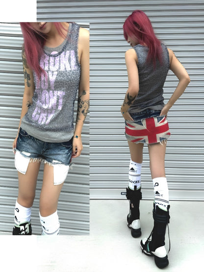 Vintage Distressed Printed Laser Washed Damaged Denim Hot Pants【s0000017604】