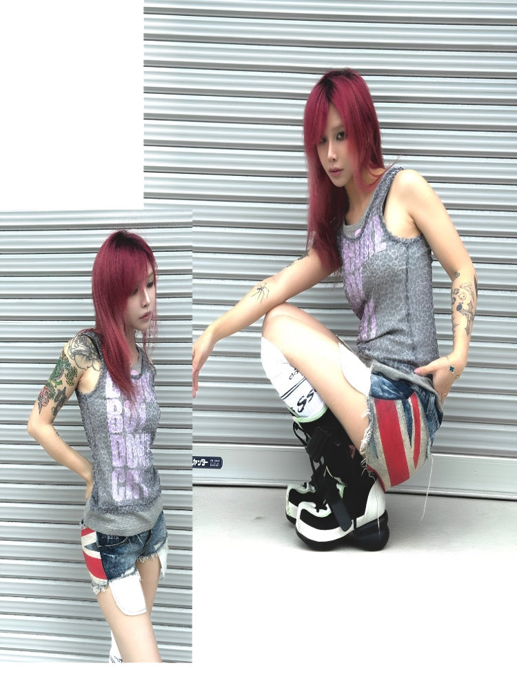 Vintage Distressed Printed Laser Washed Damaged Denim Hot Pants【s0000017604】