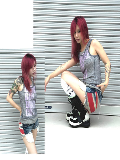 Vintage Distressed Printed Laser Washed Damaged Denim Hot Pants【s0000017604】