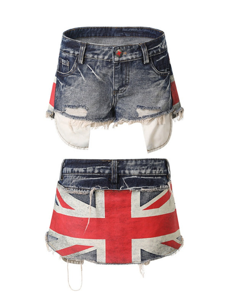 Vintage Distressed Printed Laser Washed Damaged Denim Hot Pants【s0000017604】