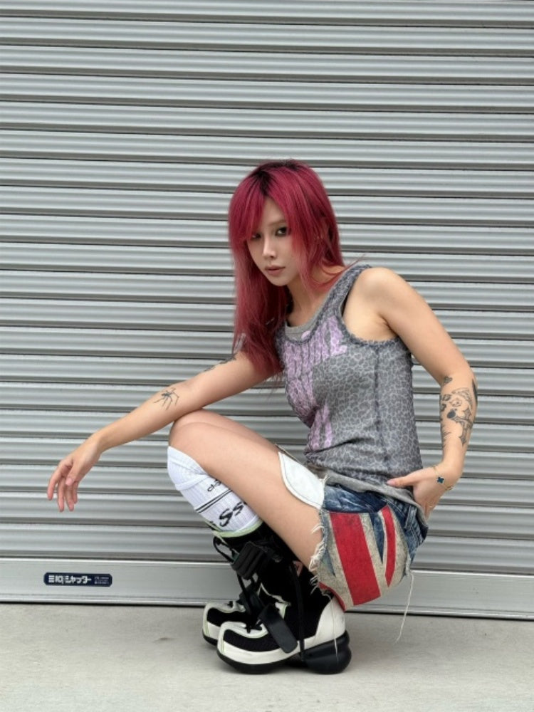 Vintage Distressed Printed Laser Washed Damaged Denim Hot Pants【s0000017604】
