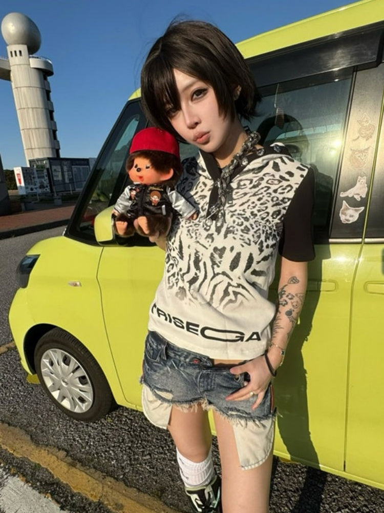 Vintage Distressed Printed Laser Washed Damaged Denim Hot Pants【s0000017604】