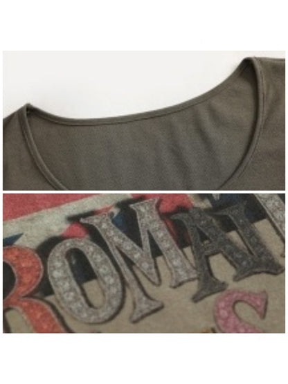 Printed Fitted Shoulder Slightly Elastic Hem U-Neck  Short Sleeve T-Shirt【s0000017605】