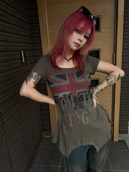 Printed Fitted Shoulder Slightly Elastic Hem U-Neck  Short Sleeve T-Shirt【s0000017605】