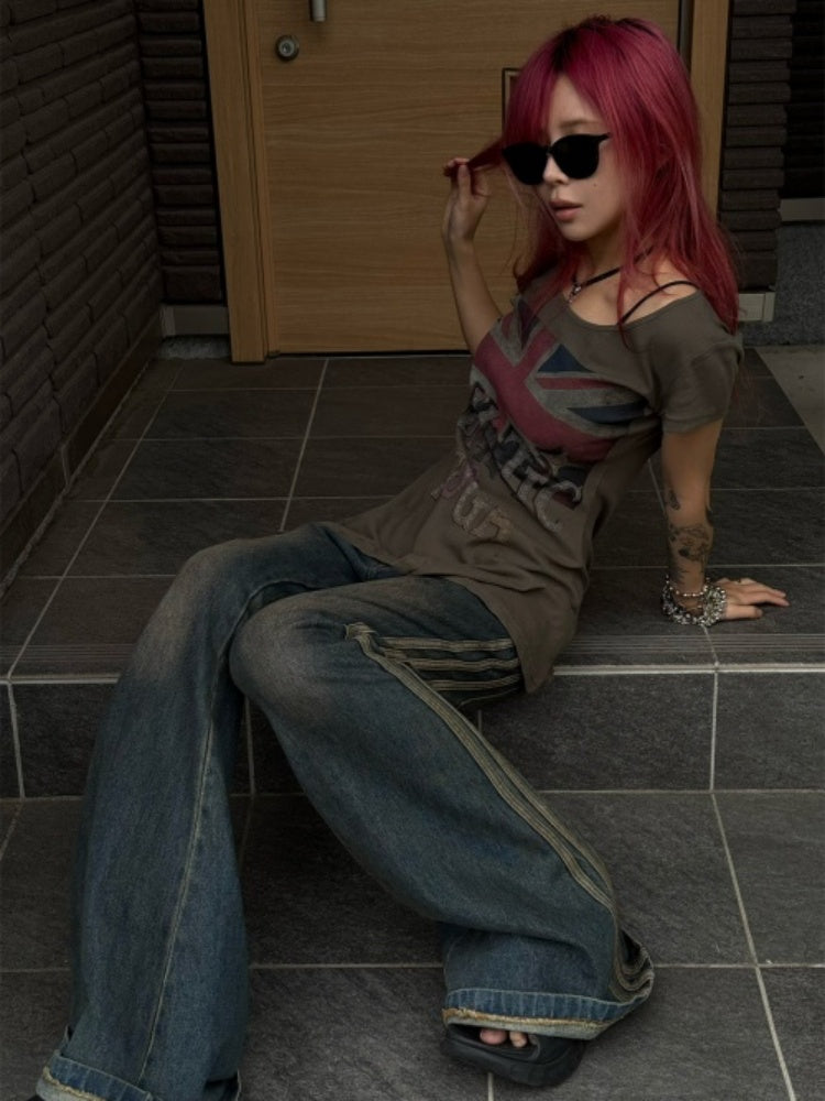 Printed Fitted Shoulder Slightly Elastic Hem U-Neck  Short Sleeve T-Shirt【s0000017605】