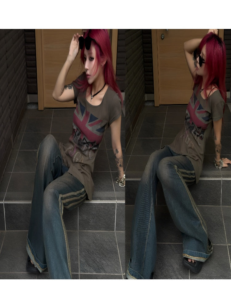 Printed Fitted Shoulder Slightly Elastic Hem U-Neck  Short Sleeve T-Shirt【s0000017605】