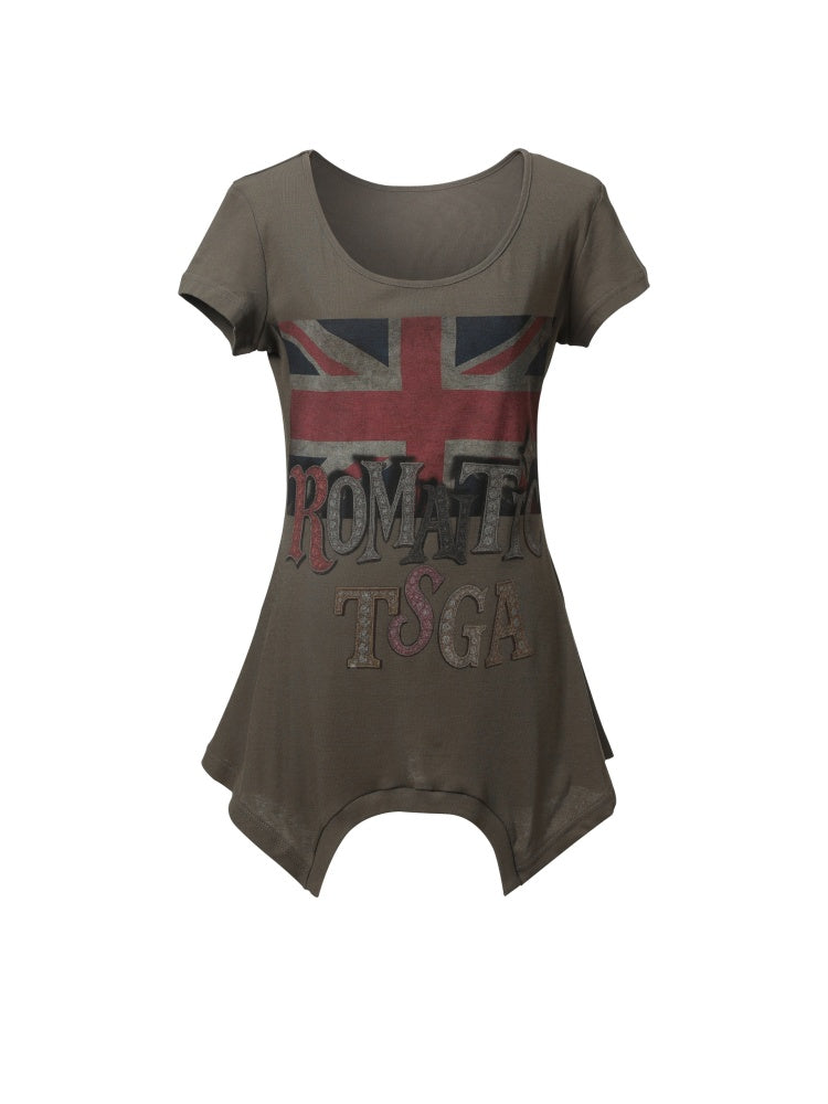 Printed Fitted Shoulder Slightly Elastic Hem U-Neck  Short Sleeve T-Shirt【s0000017605】