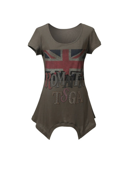 Printed Fitted Shoulder Slightly Elastic Hem U-Neck  Short Sleeve T-Shirt【s0000017605】