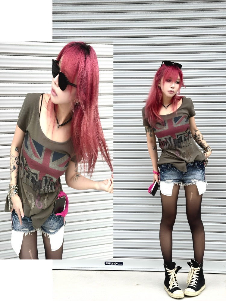 Printed Fitted Shoulder Slightly Elastic Hem U-Neck  Short Sleeve T-Shirt【s0000017605】