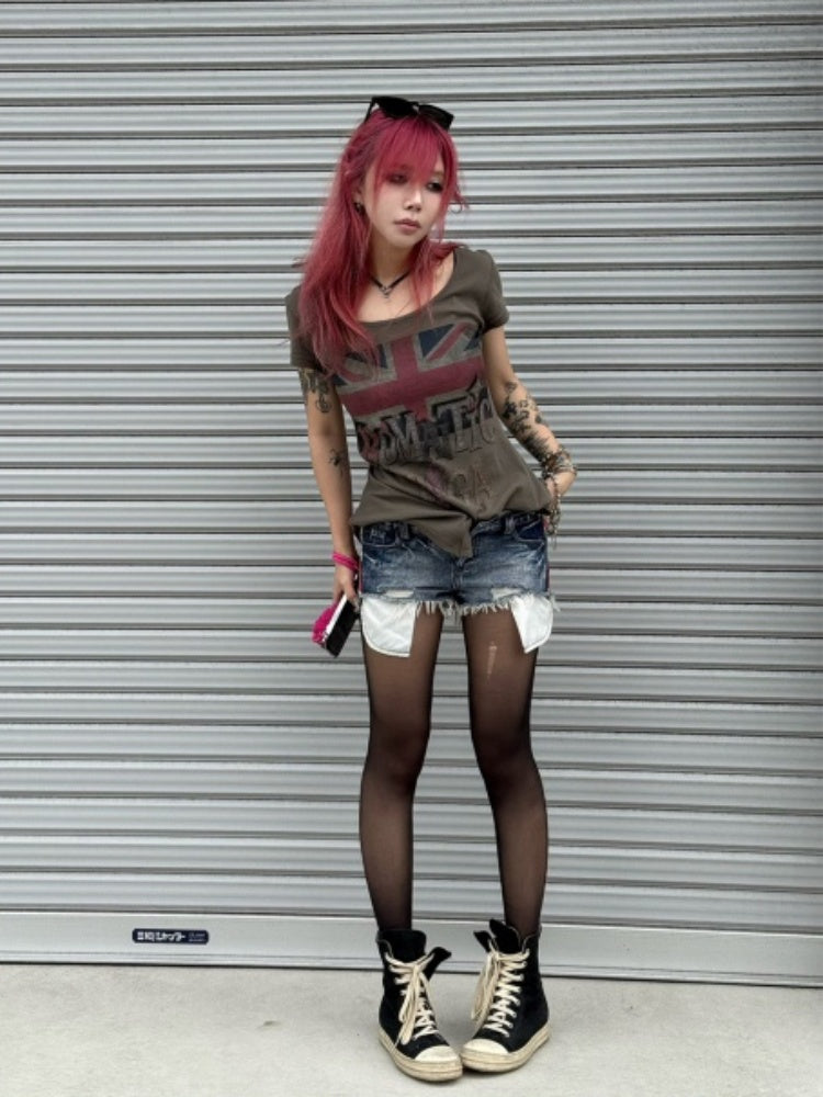 Printed Fitted Shoulder Slightly Elastic Hem U-Neck  Short Sleeve T-Shirt【s0000017605】