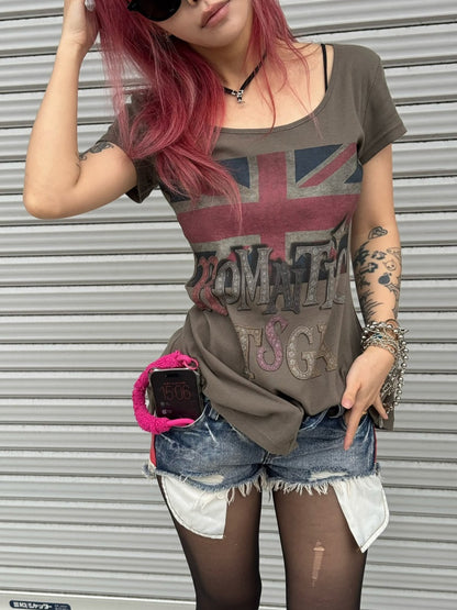 Printed Fitted Shoulder Slightly Elastic Hem U-Neck  Short Sleeve T-Shirt【s0000017605】