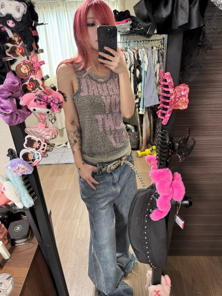 Letter Leopard Printed Mesh Double-Layer Fit Slightly Stretchy Sleeveless Tops【s0000017606】
