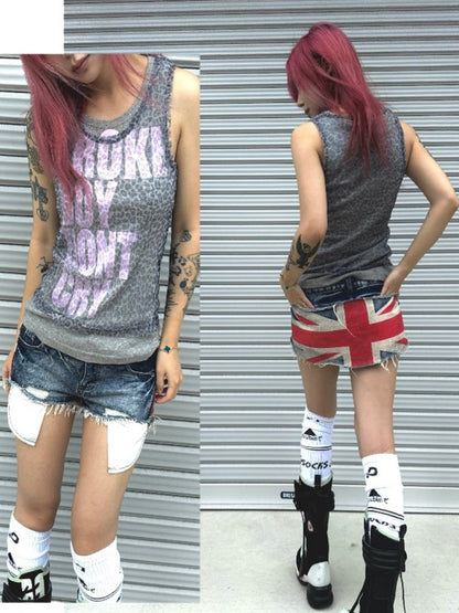 Letter Leopard Printed Mesh Double-Layer Fit Slightly Stretchy Sleeveless Tops【s0000017606】
