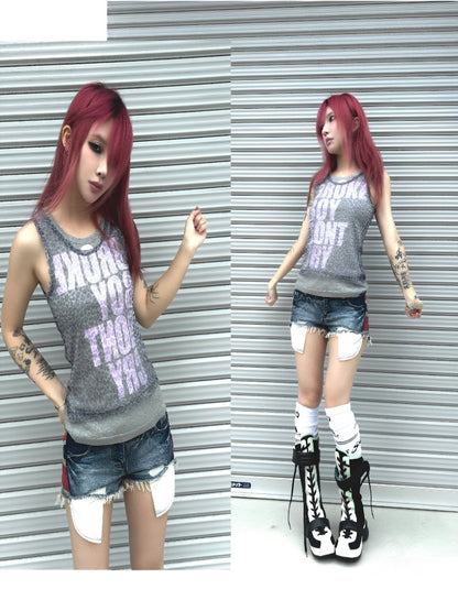 Letter Leopard Printed Mesh Double-Layer Fit Slightly Stretchy Sleeveless Tops【s0000017606】