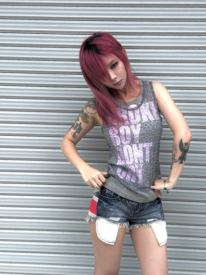 Letter Leopard Printed Mesh Double-Layer Fit Slightly Stretchy Sleeveless Tops【s0000017606】