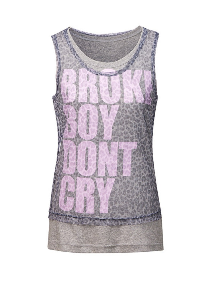 Letter Leopard Printed Mesh Double-Layer Fit Slightly Stretchy Sleeveless Tops【s0000017606】