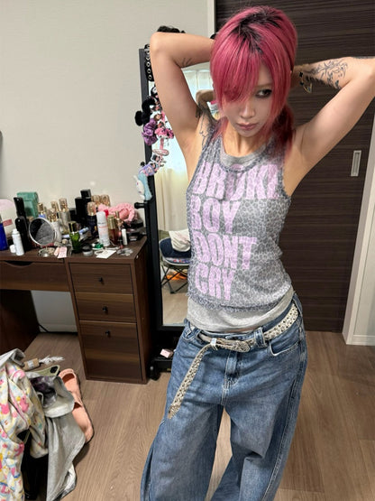 Letter Leopard Printed Mesh Double-Layer Fit Slightly Stretchy Sleeveless Tops【s0000017606】