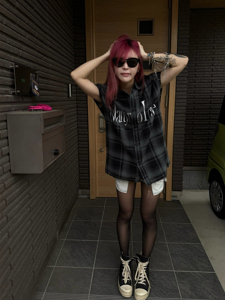 Letter Print Vintage Plaid Loose Sleeveless Shirt【s0000017607】