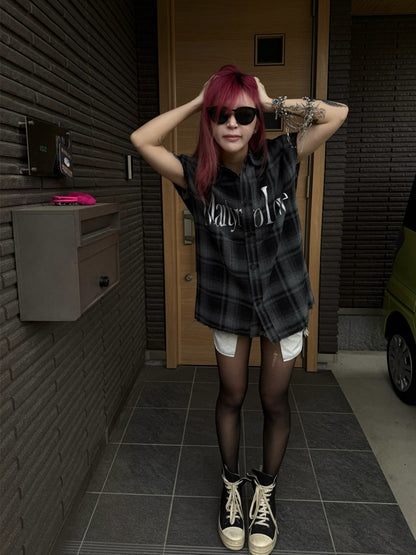 Letter Print Vintage Plaid Loose Sleeveless Shirt【s0000017607】