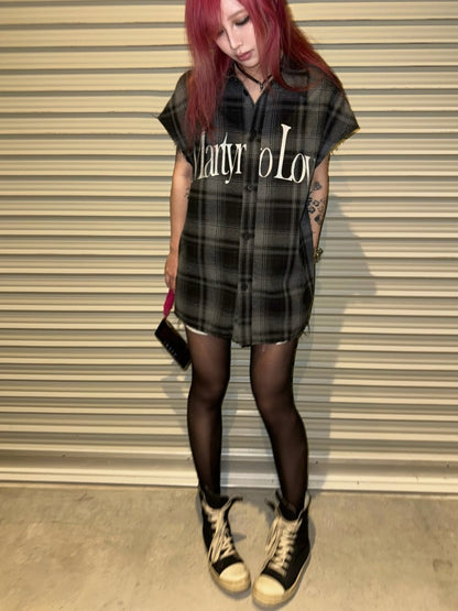 Letter Print Vintage Plaid Loose Sleeveless Shirt【s0000017607】