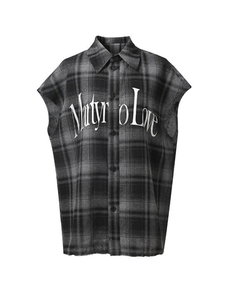 Letter Print Vintage Plaid Loose Sleeveless Shirt【s0000017607】
