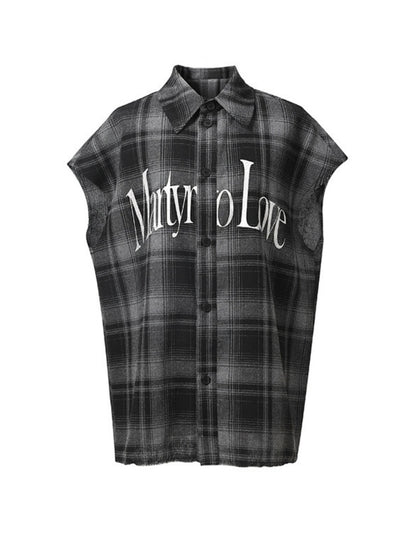Letter Print Vintage Plaid Loose Sleeveless Shirt【s0000017607】