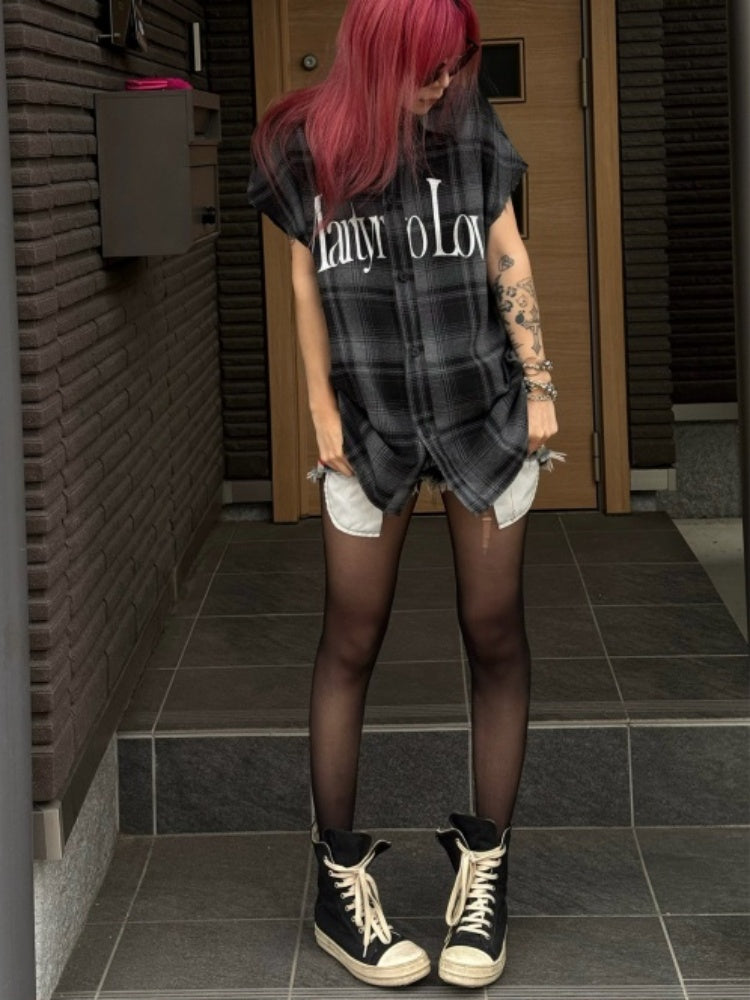 Letter Print Vintage Plaid Loose Sleeveless Shirt【s0000017607】