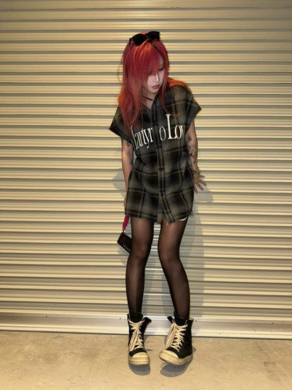 Letter Print Vintage Plaid Loose Sleeveless Shirt【s0000017607】