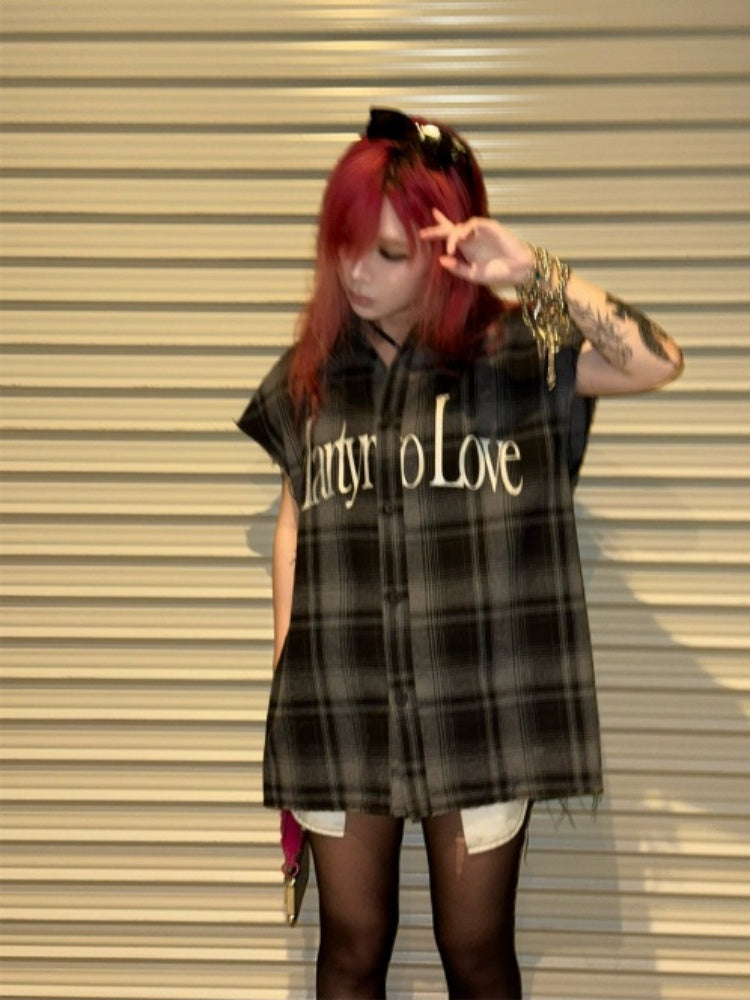 Letter Print Vintage Plaid Loose Sleeveless Shirt【s0000017607】