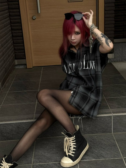 Letter Print Vintage Plaid Loose Sleeveless Shirt【s0000017607】