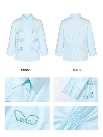 Vacation Mint Blue Striped Rhinestone-Cinched Mid-Sleeve Shirt【s0000017608】