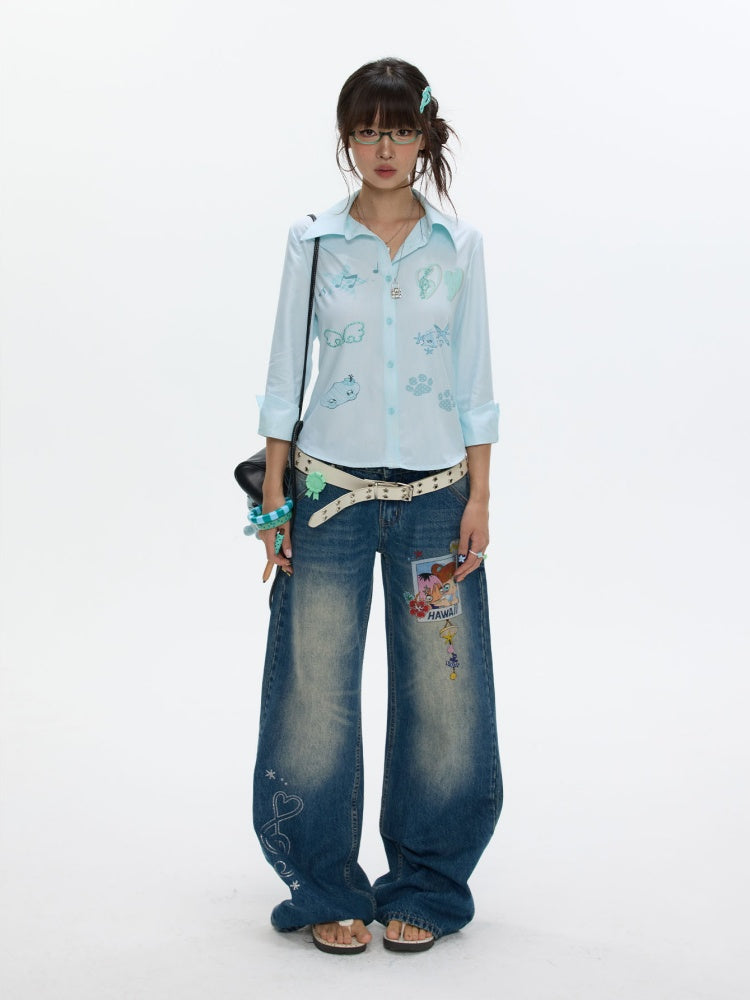 Vacation Mint Blue Striped Rhinestone-Cinched Mid-Sleeve Shirt【s0000017608】