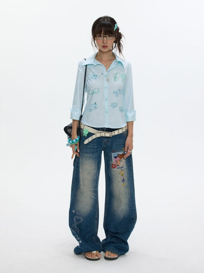 Vacation Mint Blue Striped Rhinestone-Cinched Mid-Sleeve Shirt【s0000017608】