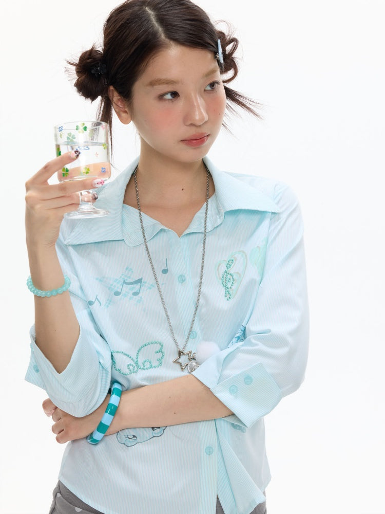 Vacation Mint Blue Striped Rhinestone-Cinched Mid-Sleeve Shirt【s0000017608】