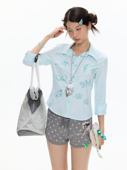 Vacation Mint Blue Striped Rhinestone-Cinched Mid-Sleeve Shirt【s0000017608】