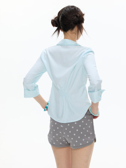 Vacation Mint Blue Striped Rhinestone-Cinched Mid-Sleeve Shirt【s0000017608】