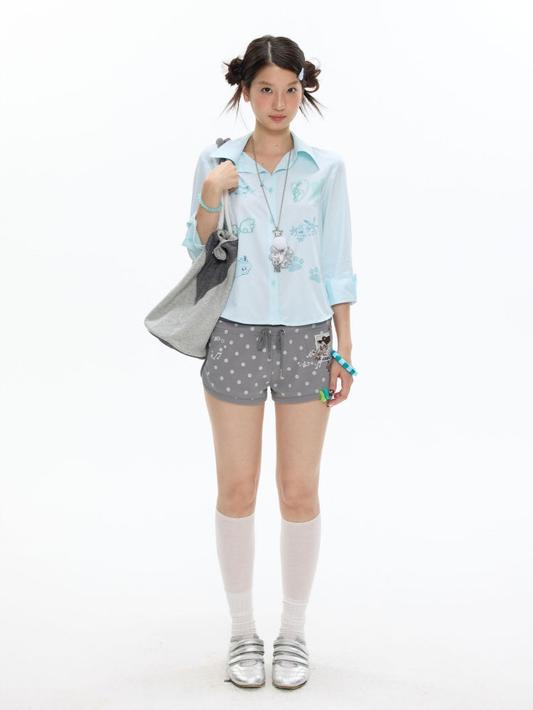 Vacation Mint Blue Striped Rhinestone-Cinched Mid-Sleeve Shirt【s0000017608】