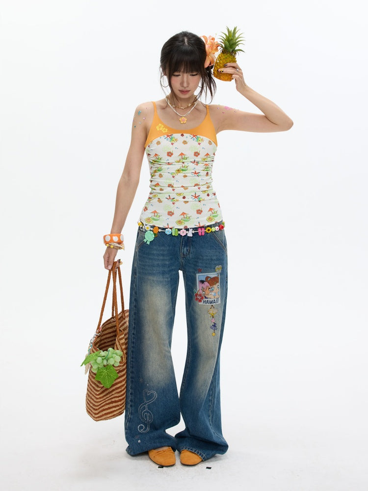 Hawaiian Pleated Spliced Contrasting Suspender Full Print Camisole【s0000017610】