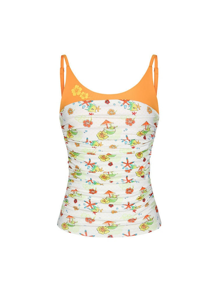 Hawaiian Pleated Spliced Contrasting Suspender Full Print Camisole【s0000017610】