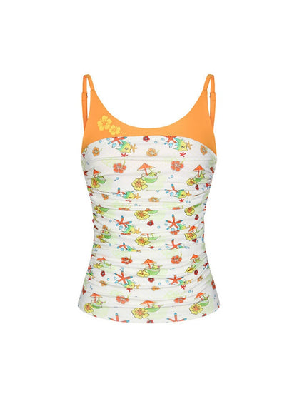 Hawaiian Pleated Spliced Contrasting Suspender Full Print Camisole【s0000017610】